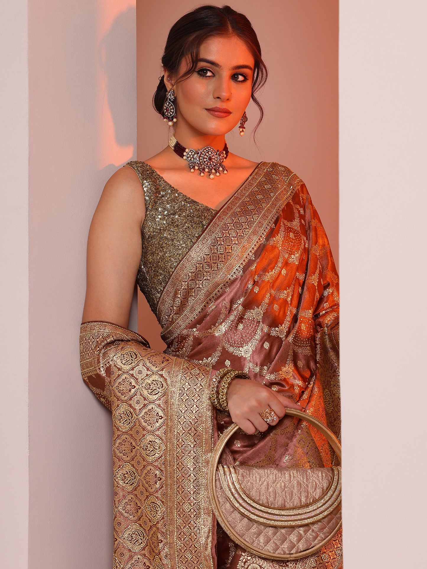 Mauve Woven Design Silk Blend Saree With Unstitched Blouse Piece