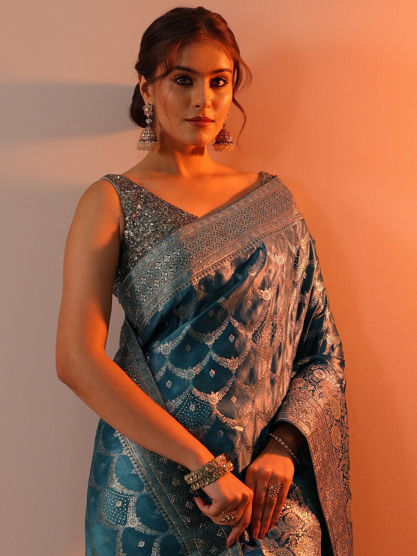 Blue Woven Design Banarasi Silk Blend Saree With Unstitched Blouse Piece