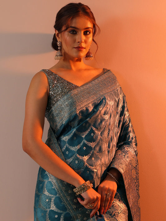 Blue Woven Design Banarasi Silk Blend Saree With Unstitched Blouse Piece