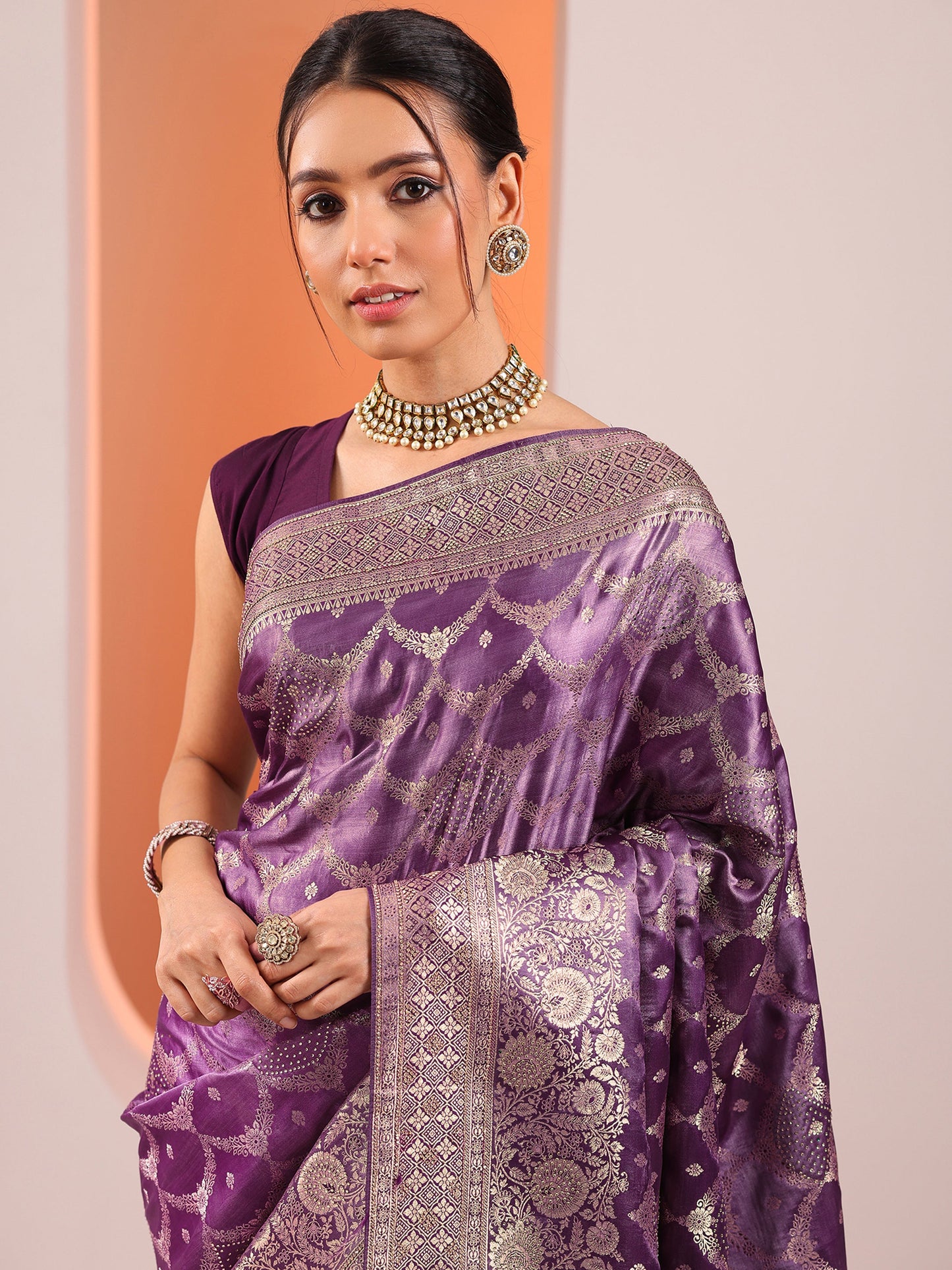 Purple Woven Design Silk Blend Saree With Unstitched Blouse Piece