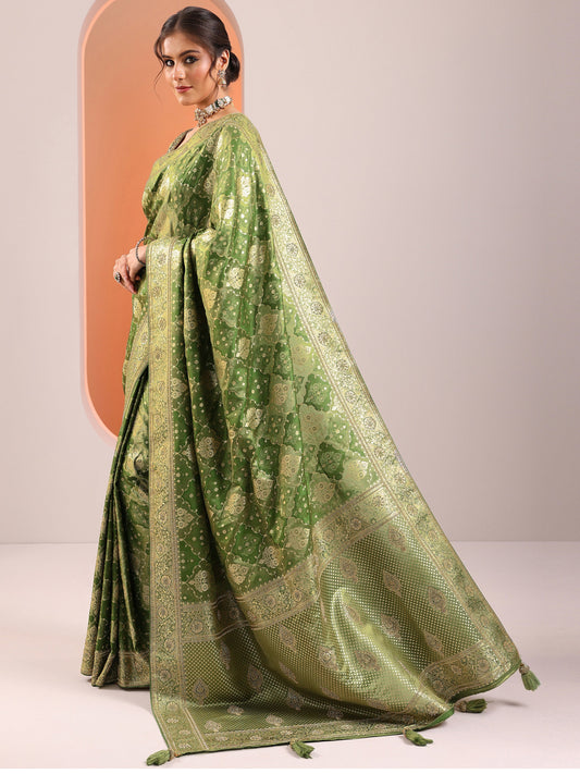 Green Woven Design Banarasi Silk Blend Saree With Unstitched Blouse Piece