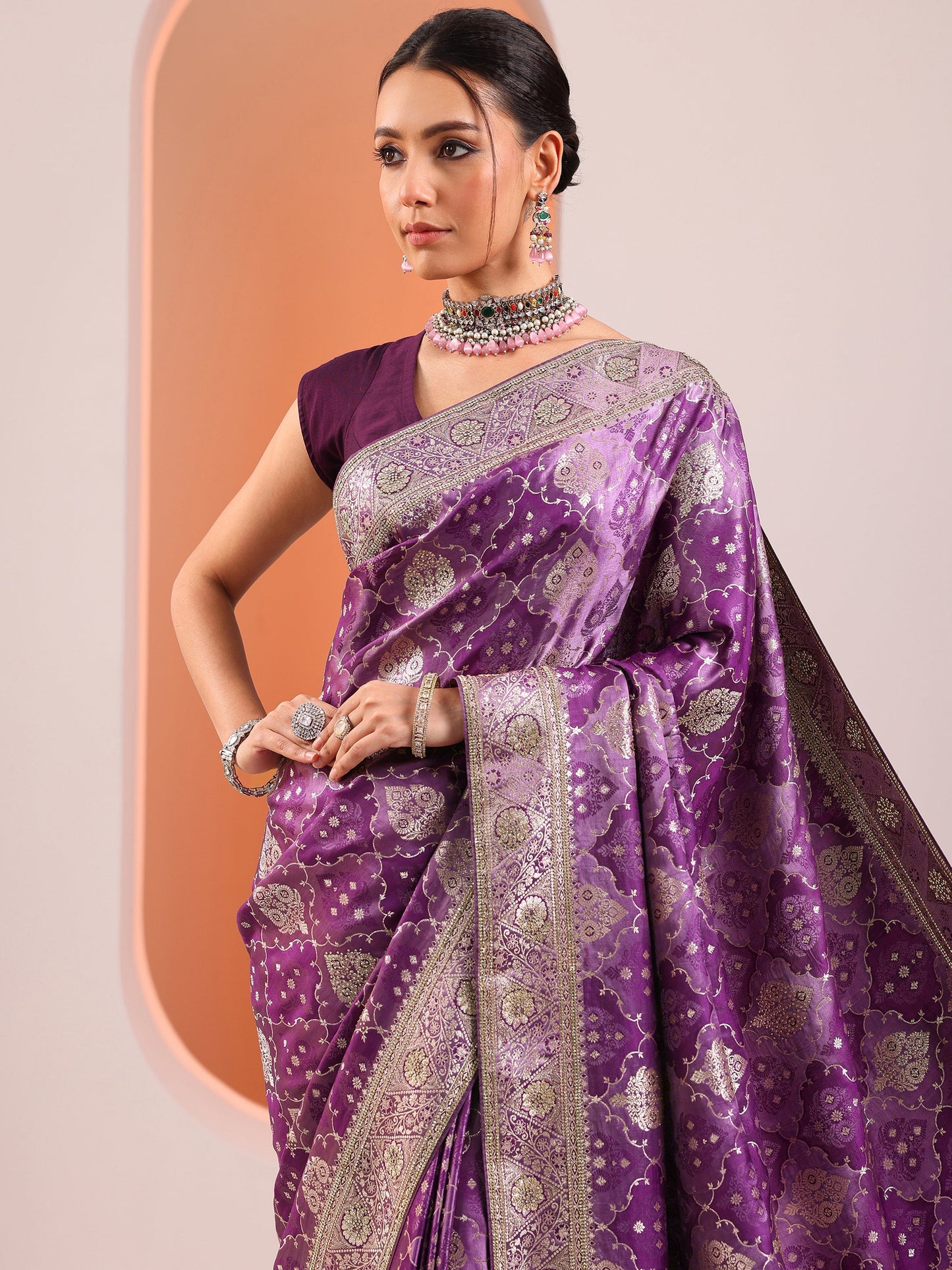 Purple Woven Design Silk Blend Saree With Unstitched Blouse Piece