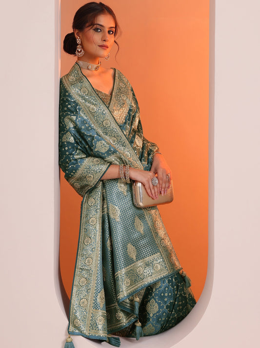 Blue Woven Design Silk Blend Saree With Unstitched Blouse Piece