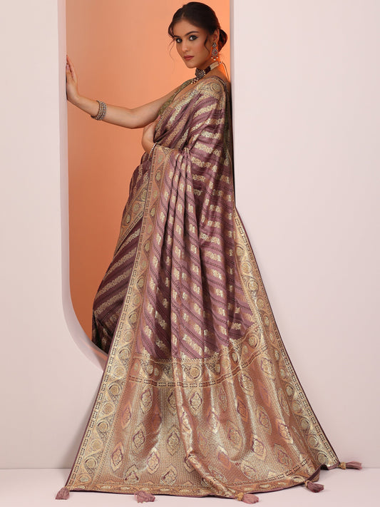 Mauve Woven Design Banarasi Silk Blend Saree With Unstitched Blouse Piece