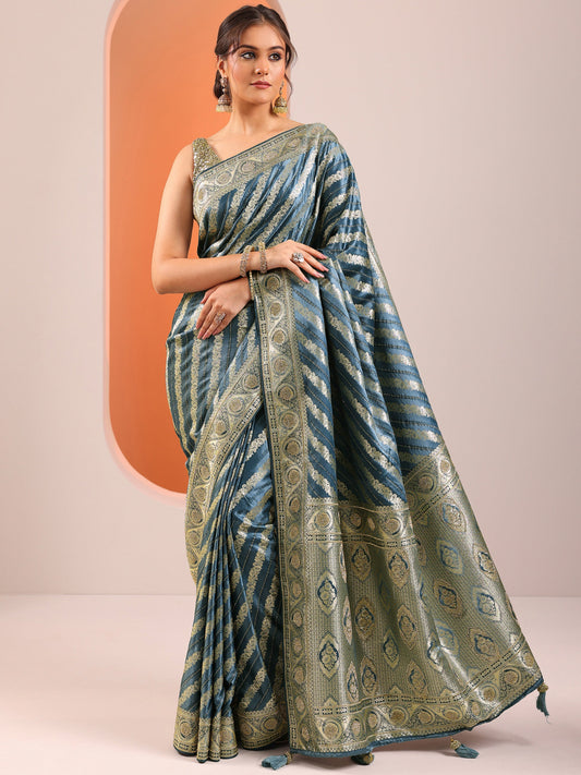 Blue Woven Design Banarasi Silk Blend Saree With Unstitched Blouse Piece