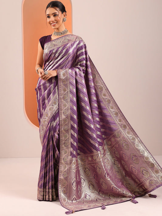 Purple Woven Design Silk Blend Saree With Unstitched Blouse Piece