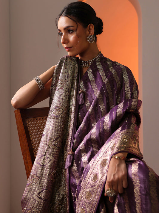 Purple Woven Design Silk Blend Saree With Unstitched Blouse Piece