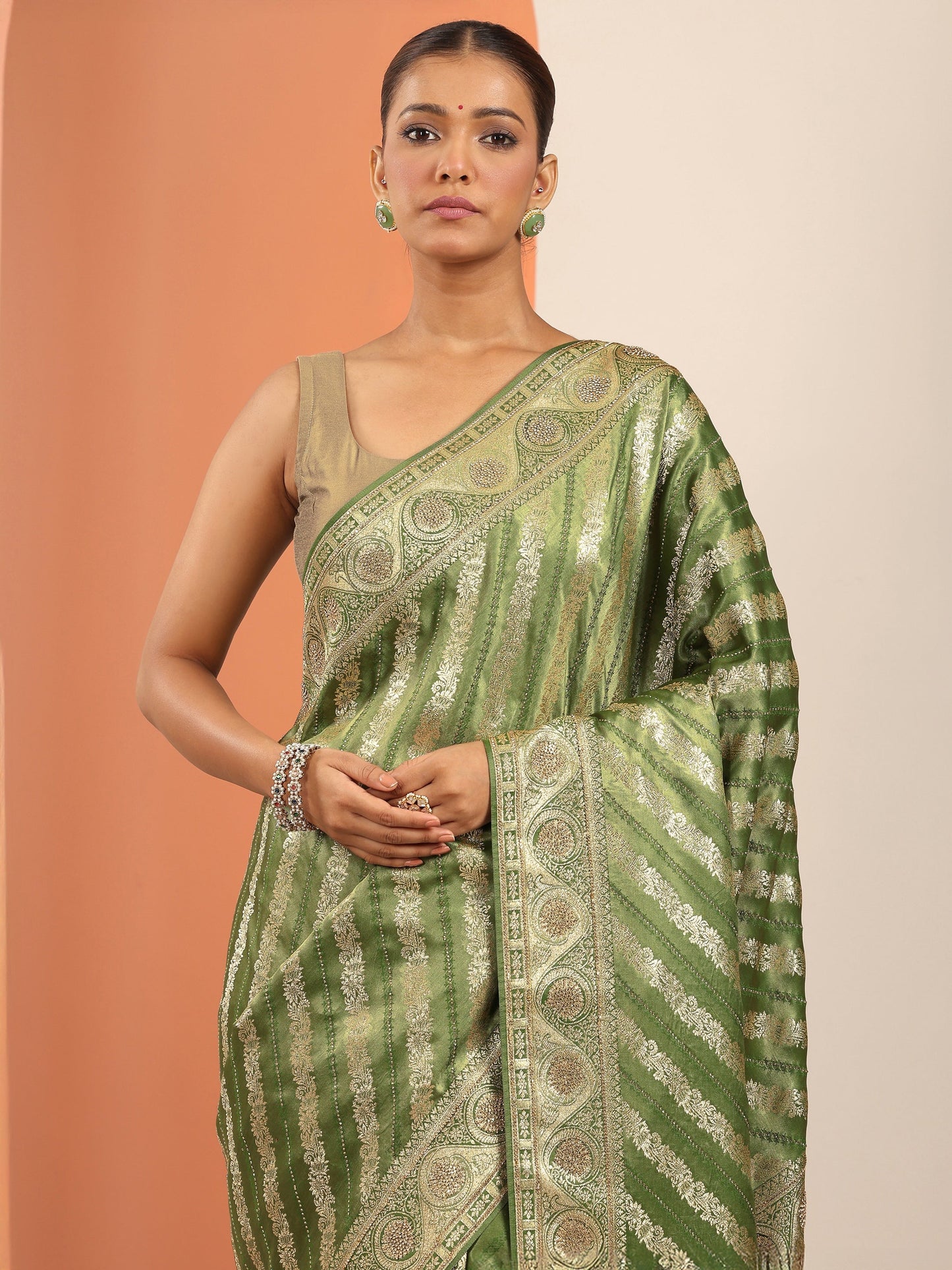 Olive Woven Design Banarasi Silk Blend Saree With Unstitched Blouse Piece