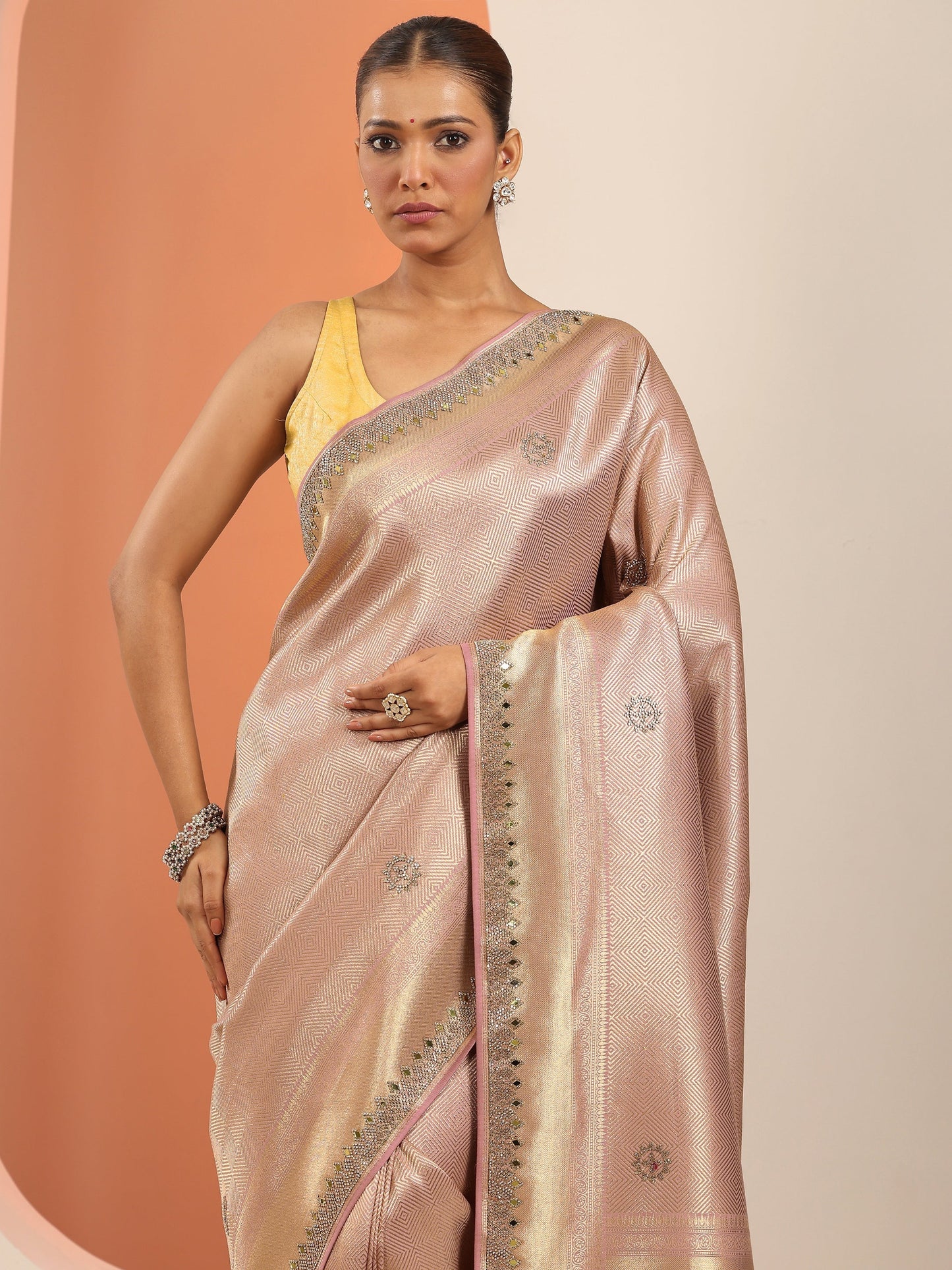 Peach  Silk Blend Saree With Unstitched Blouse Piece