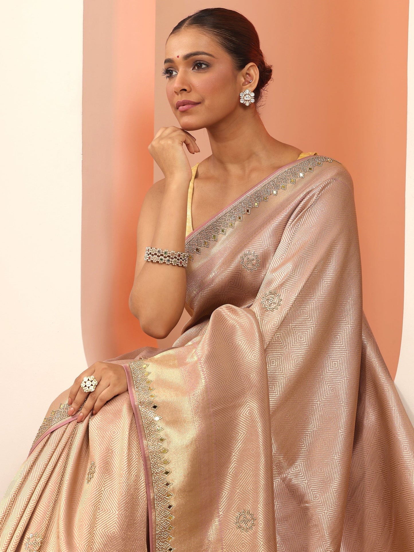 Peach  Silk Blend Saree With Unstitched Blouse Piece