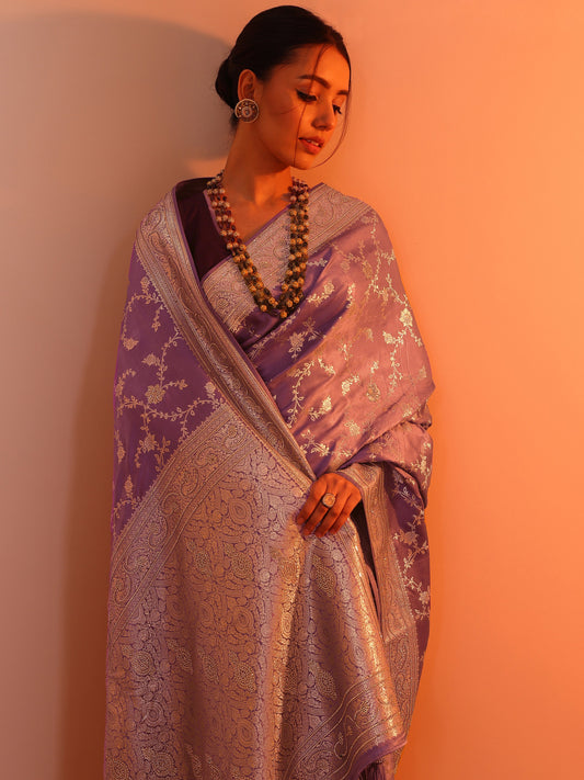 Lavender Woven Design Banarasi Silk Blend Saree With Unstitched Blouse Piece