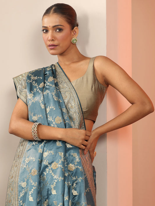 Blue  Silk Blend Saree With Unstitched Blouse Piece