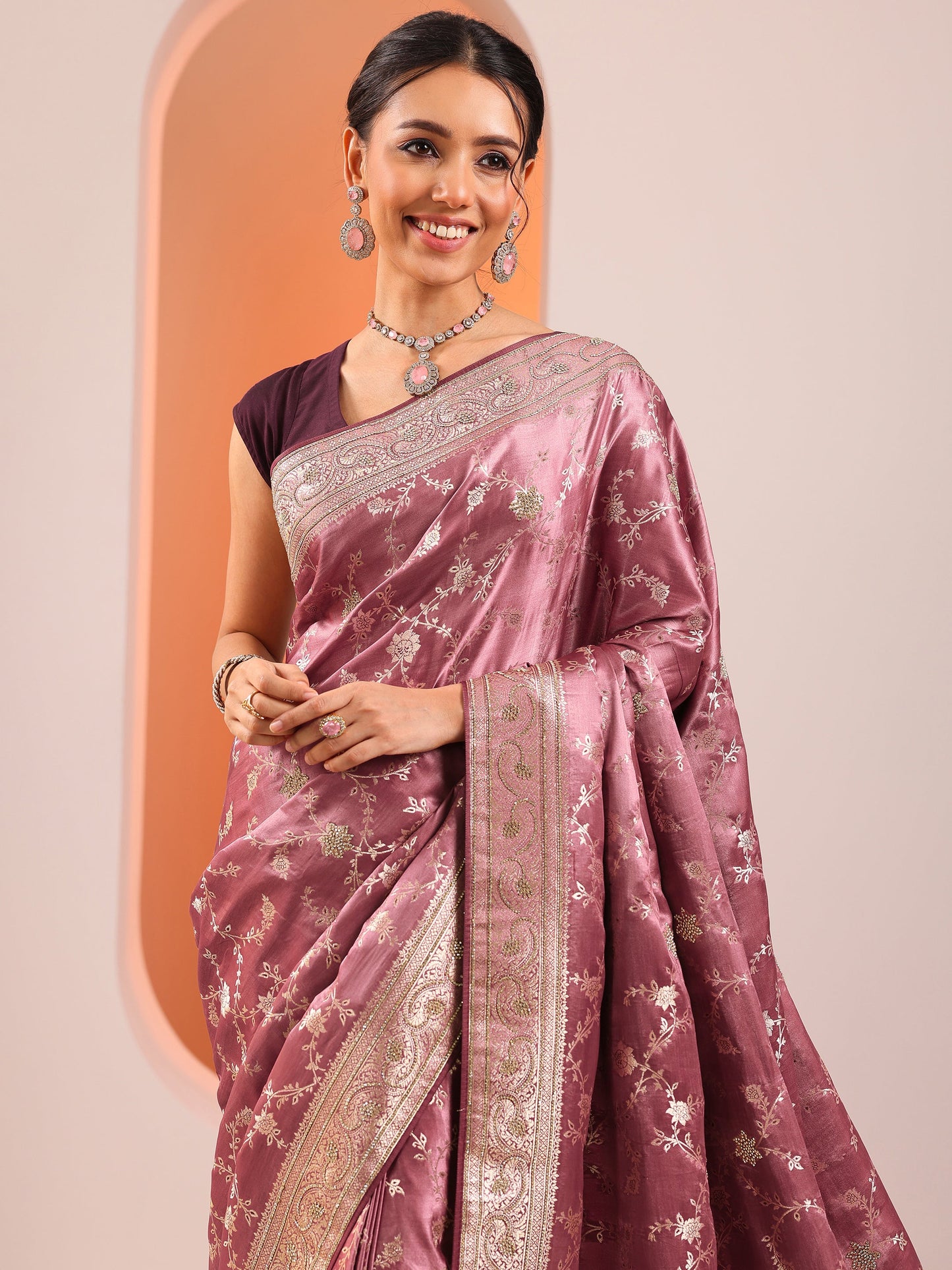 Mauve Woven Design Silk Blend Saree With Unstitched Blouse Piece
