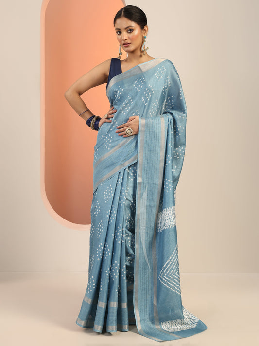 Blue Printed Silk Blend Saree With Unstitched Blouse Piece