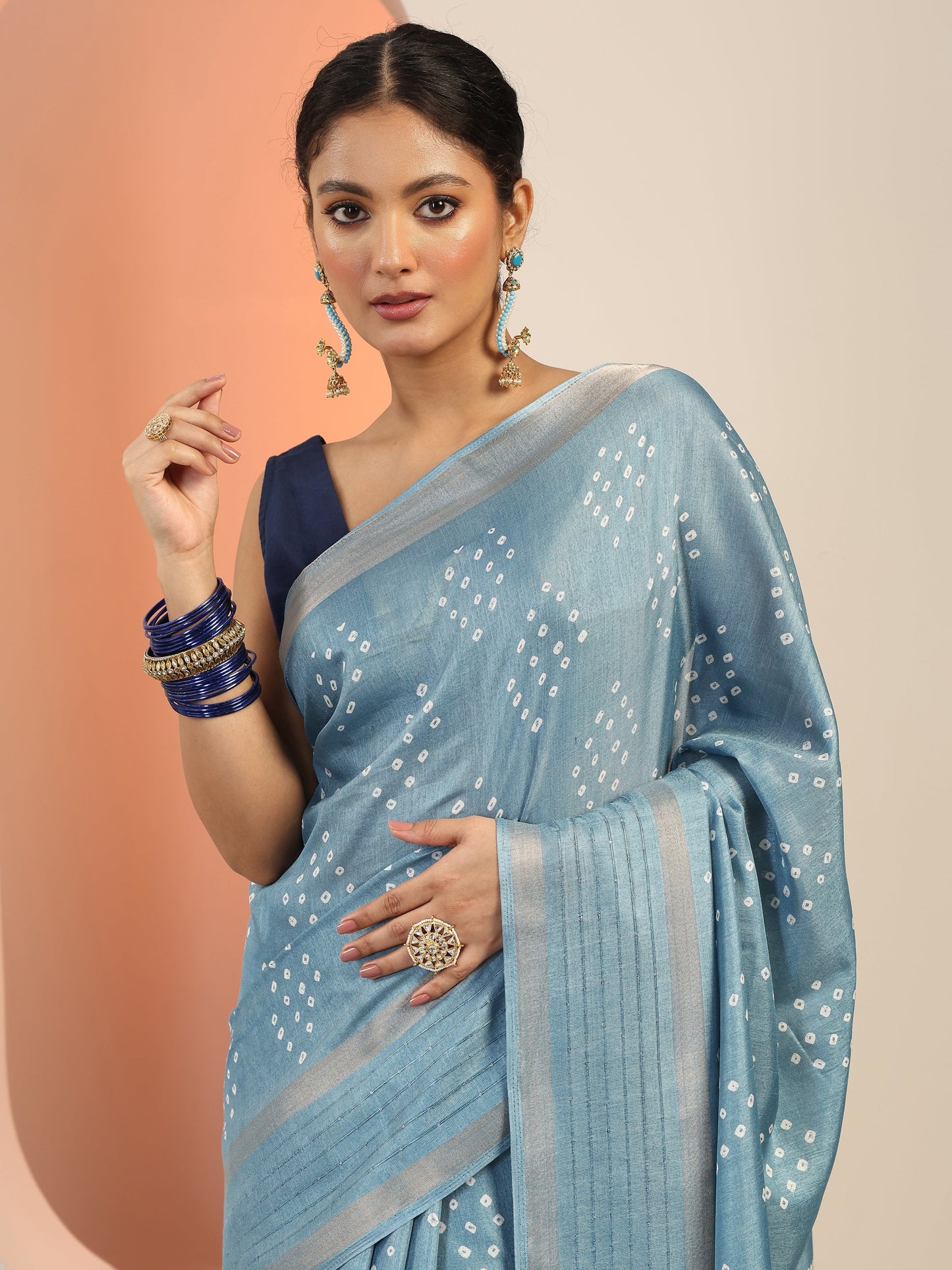 Blue Printed Silk Blend Saree With Unstitched Blouse Piece