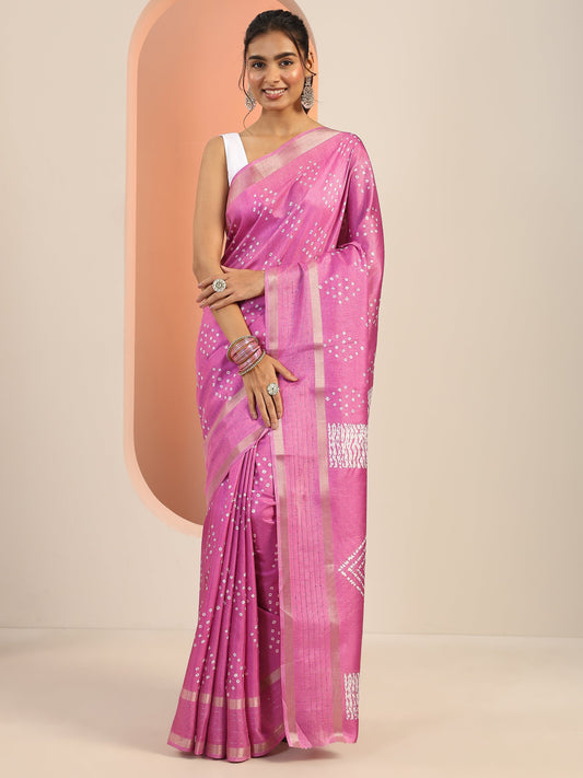 Pink Printed Silk Blend Saree With Unstitched Blouse Piece
