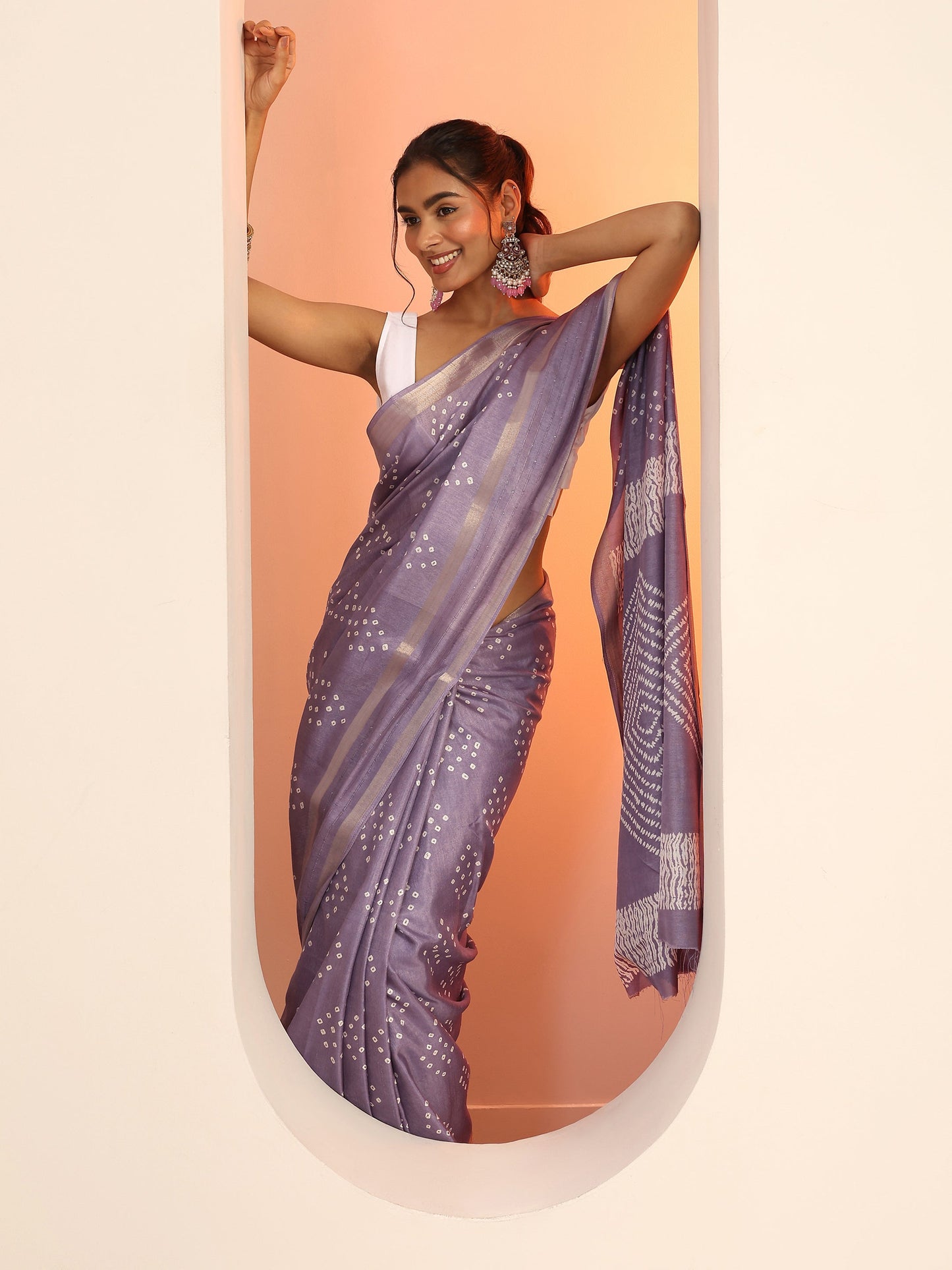 Lavender Printed Silk Blend Saree With Unstitched Blouse Piece