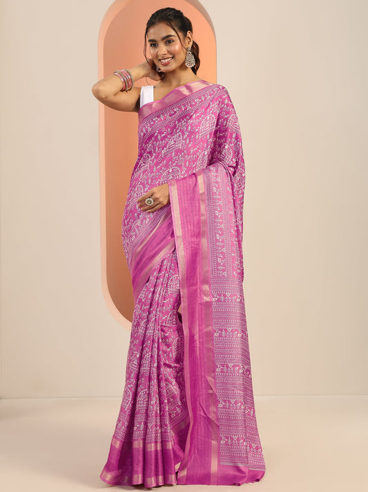 Pink Printed Silk Blend Saree With Unstitched Blouse Piece