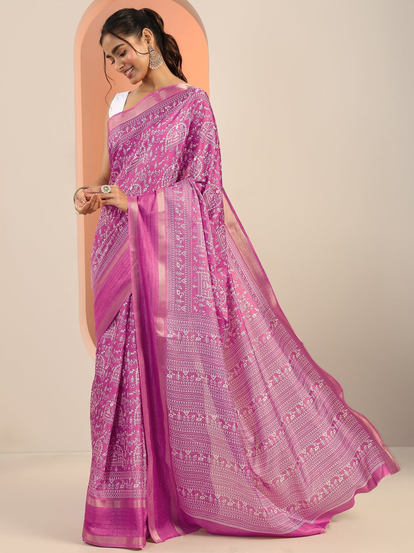 Pink Printed Silk Blend Saree With Unstitched Blouse Piece