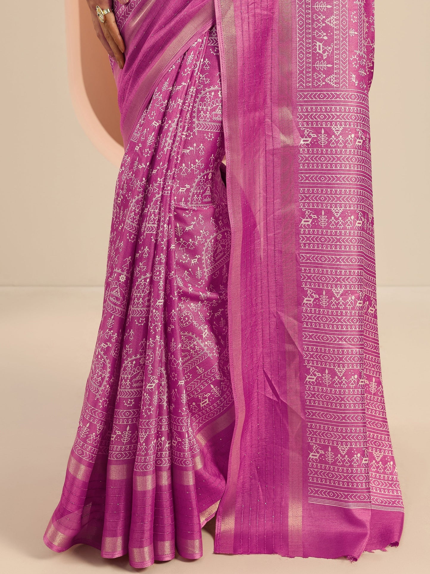 Pink Printed Silk Blend Saree With Unstitched Blouse Piece