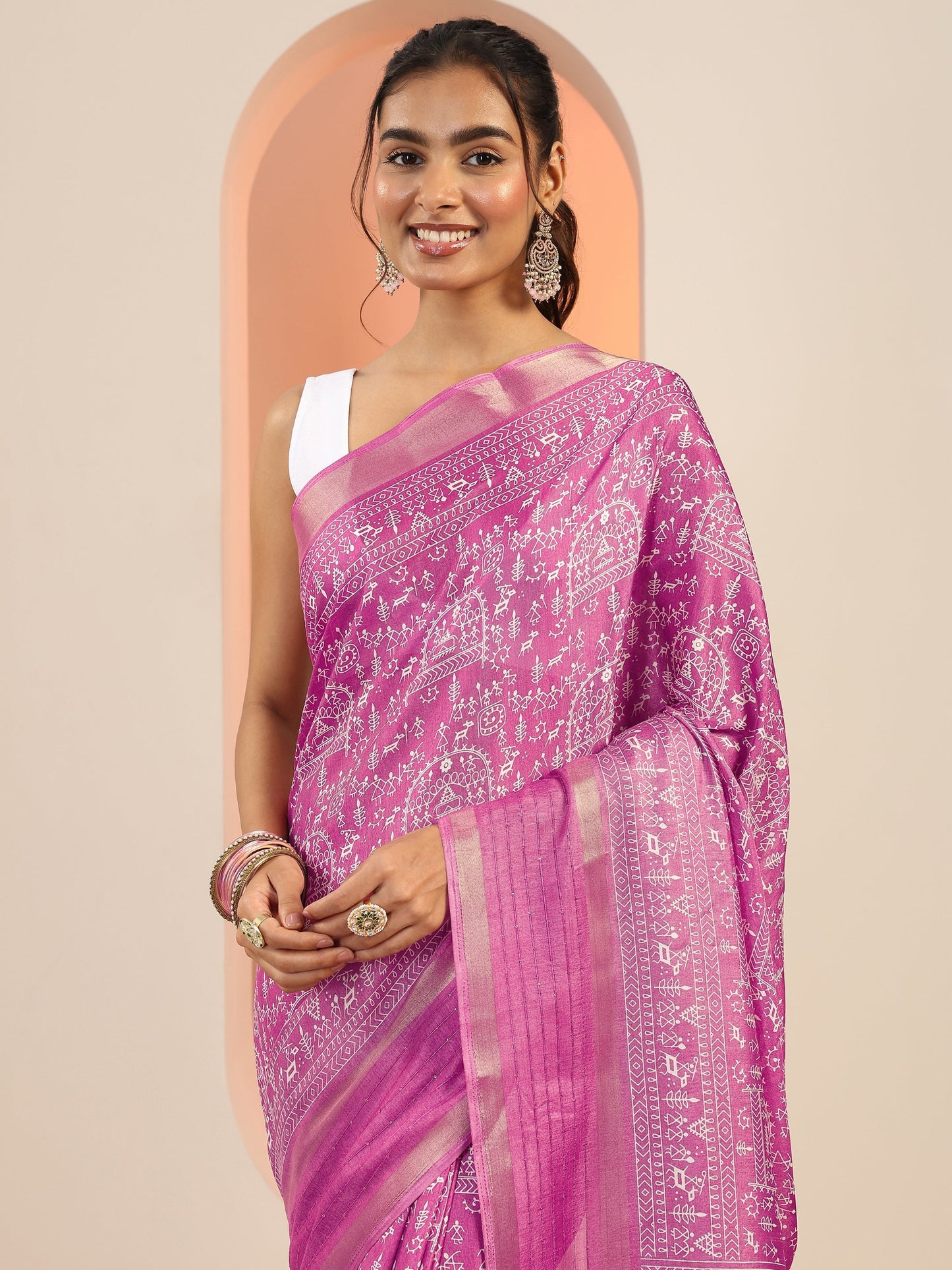 Pink Printed Silk Blend Saree With Unstitched Blouse Piece