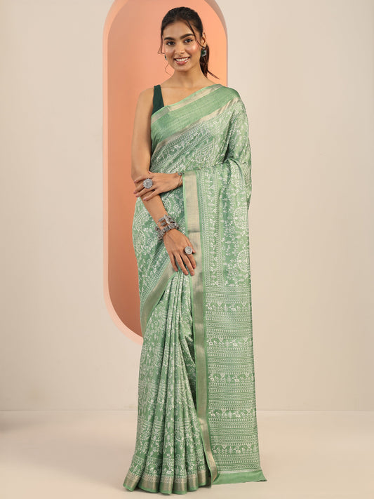 Green Printed Silk Blend Saree With Unstitched Blouse Piece
