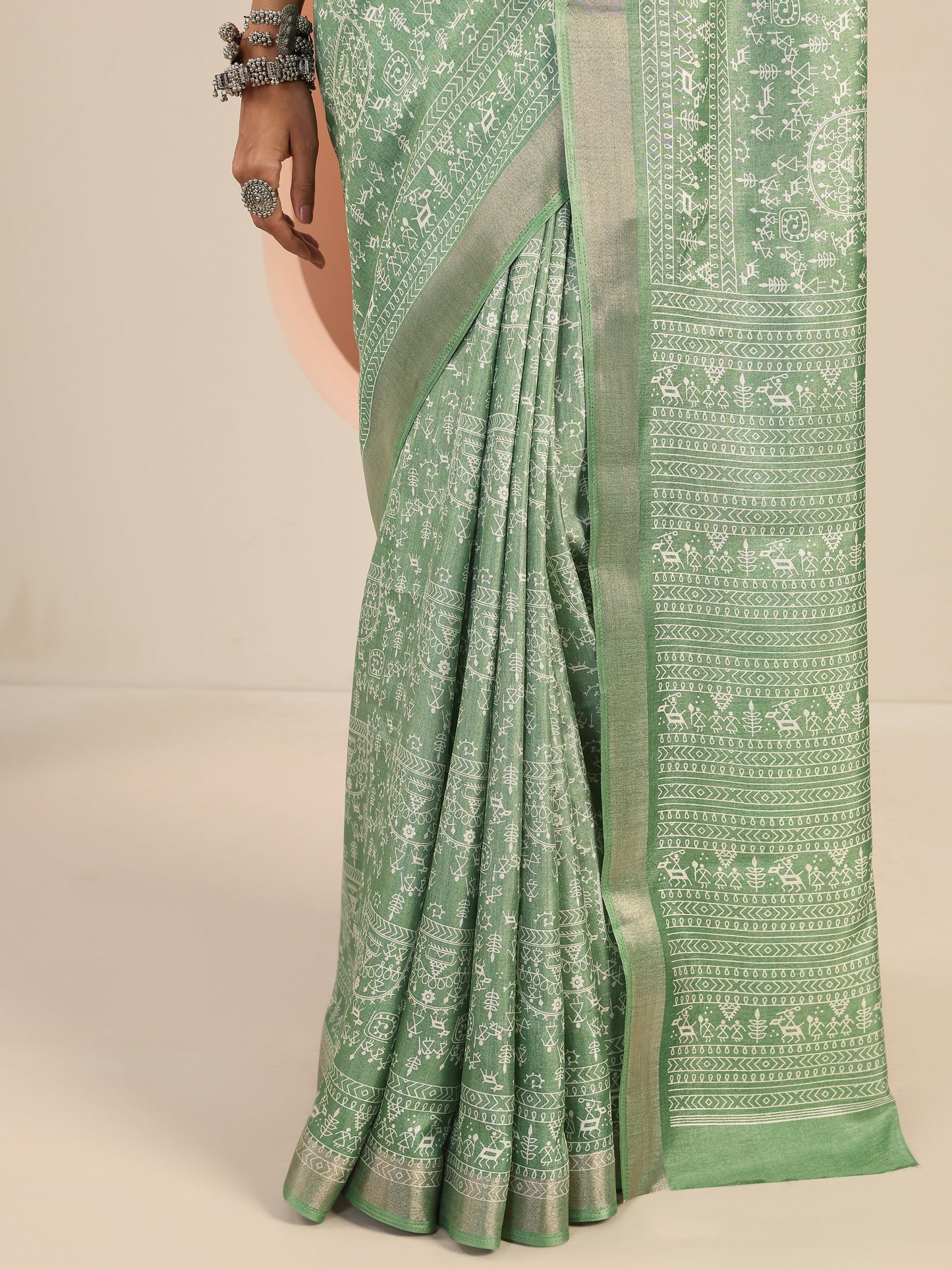 Green Printed Silk Blend Saree With Unstitched Blouse Piece