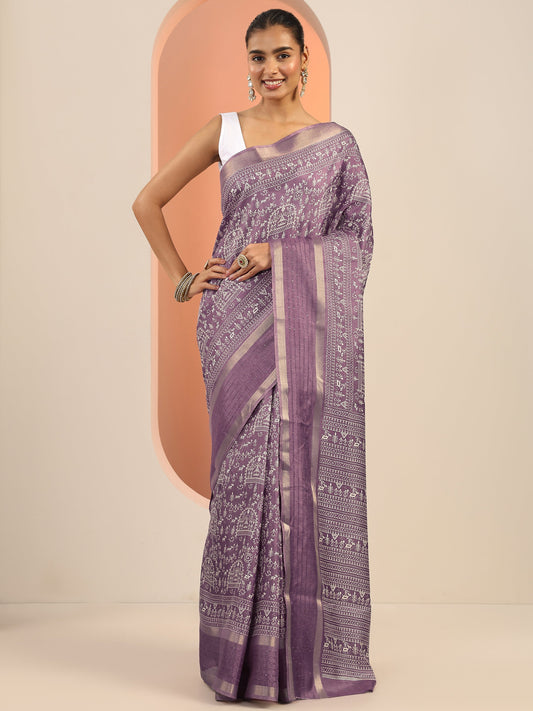 Mauve Printed Silk Blend Saree With Unstitched Blouse Piece