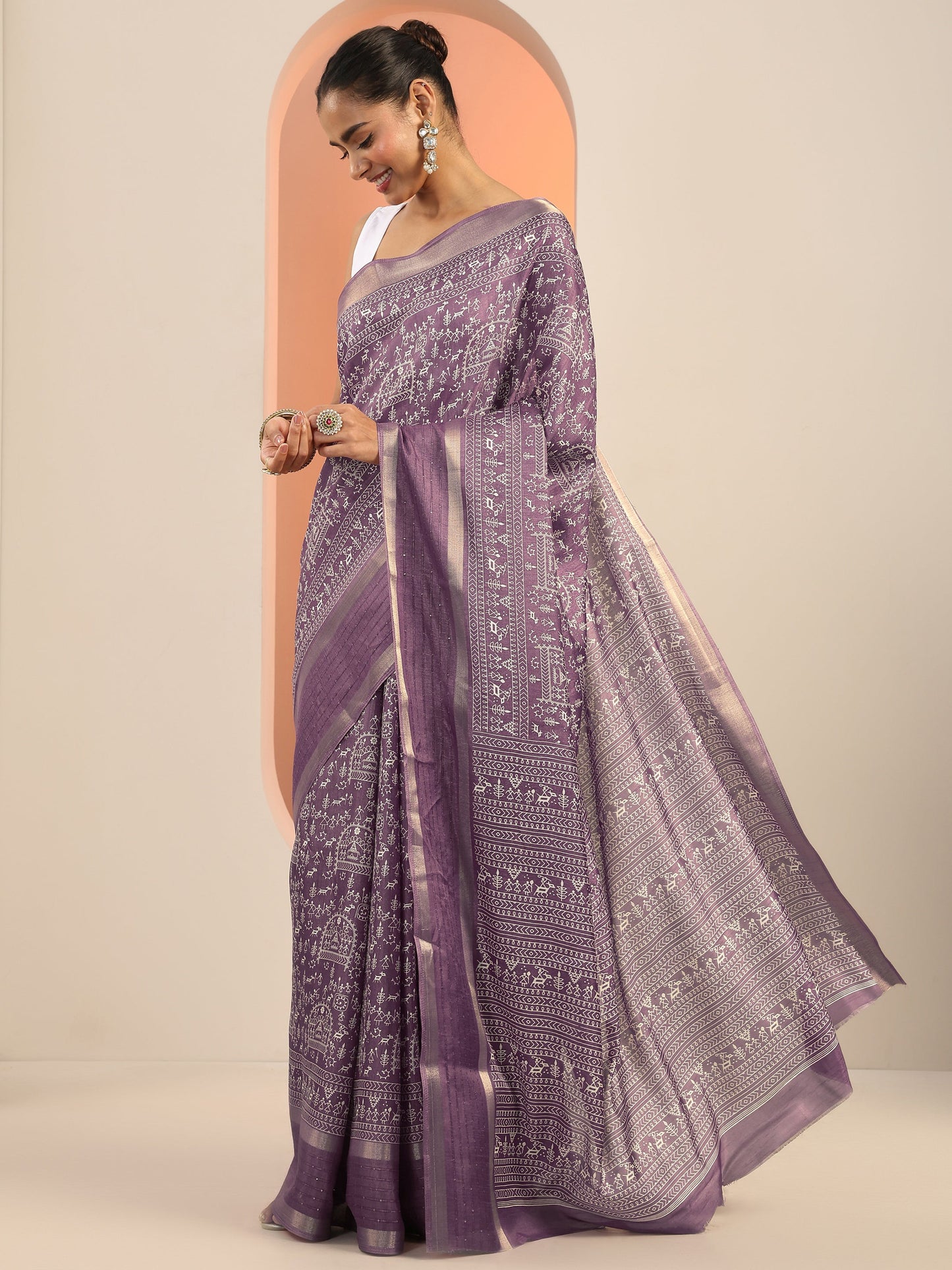 Mauve Printed Silk Blend Saree With Unstitched Blouse Piece