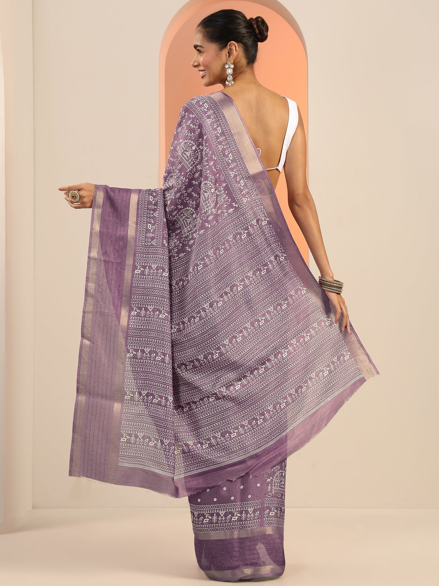 Mauve Printed Silk Blend Saree With Unstitched Blouse Piece