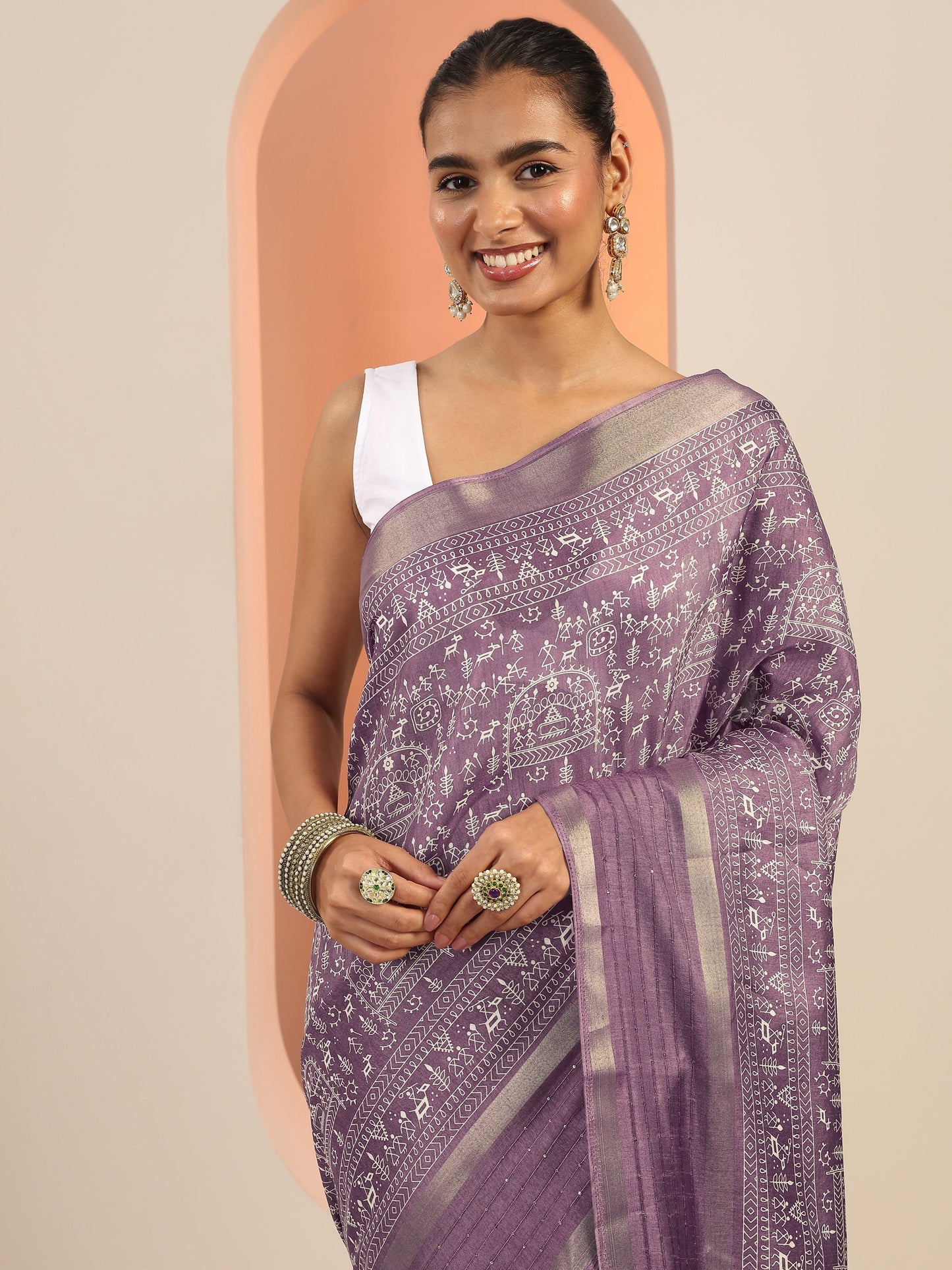Mauve Printed Silk Blend Saree With Unstitched Blouse Piece