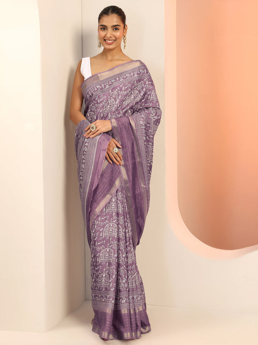 Mauve Printed Silk Blend Saree With Unstitched Blouse Piece