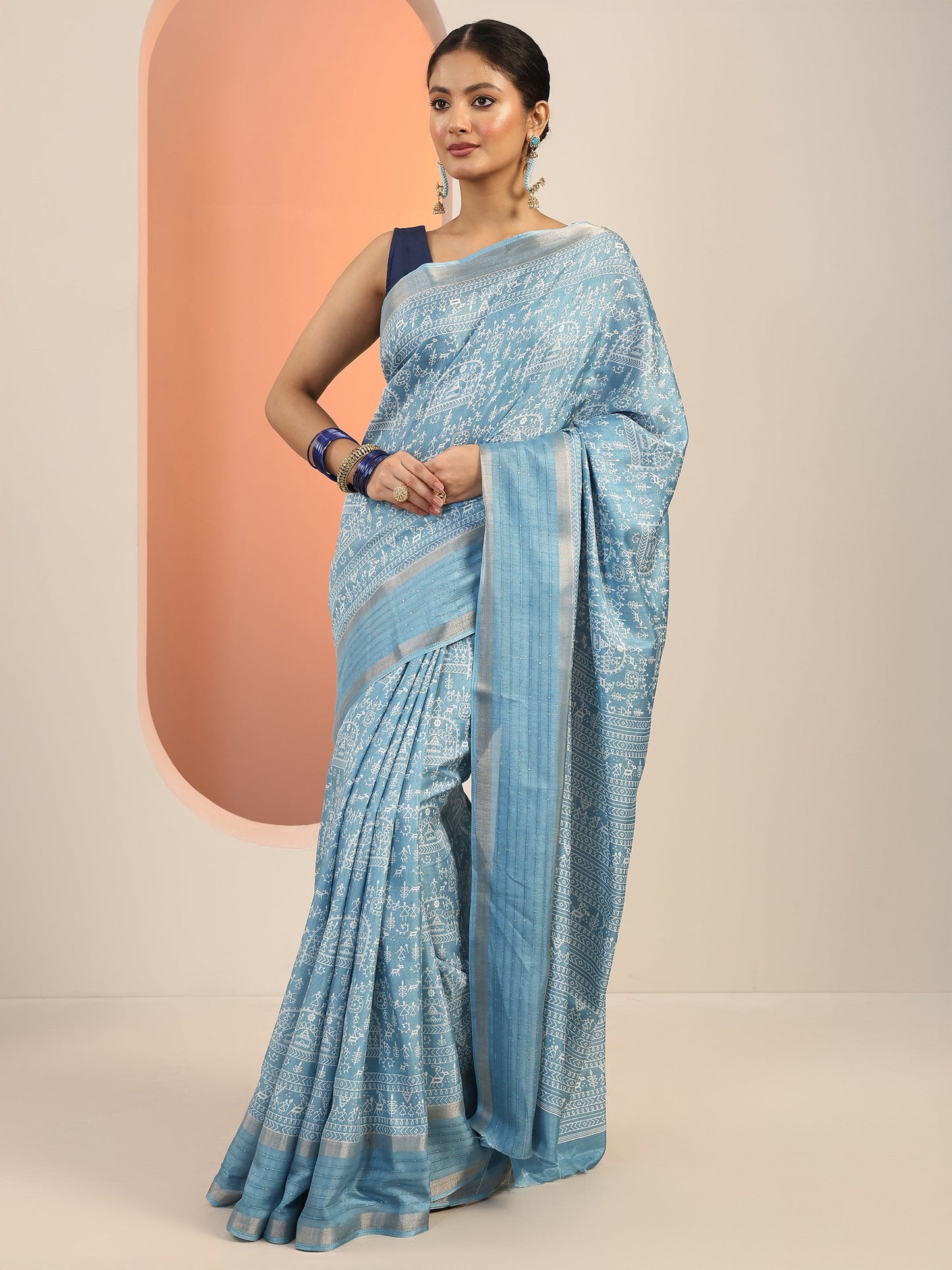 Blue Printed Silk Blend Saree With Unstitched Blouse Piece