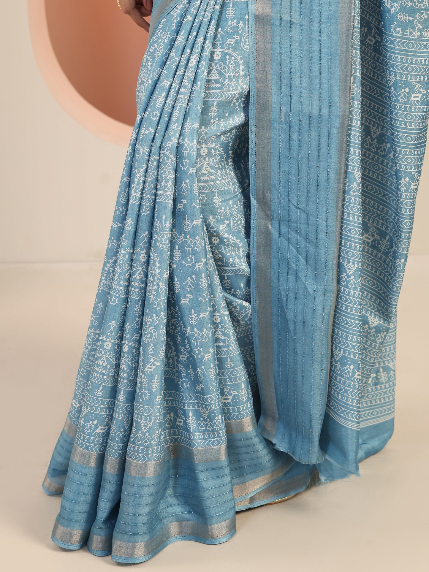 Blue Printed Silk Blend Saree With Unstitched Blouse Piece