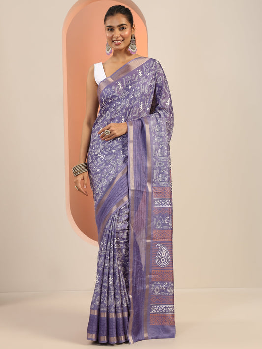 Lavender Printed Silk Blend Saree With Unstitched Blouse Piece