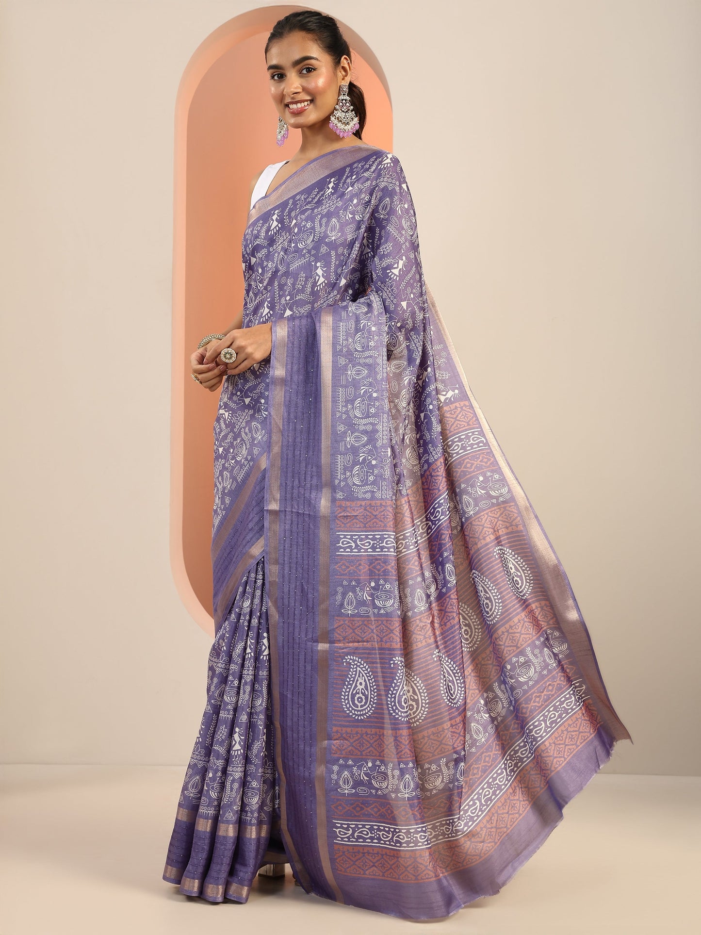 Lavender Printed Silk Blend Saree With Unstitched Blouse Piece