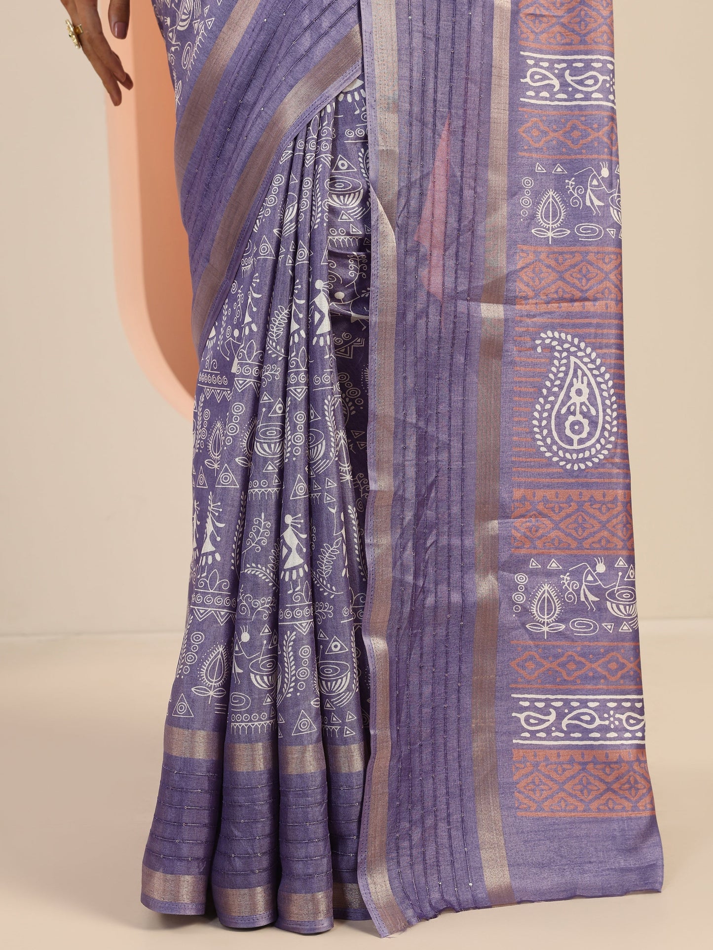 Lavender Printed Silk Blend Saree With Unstitched Blouse Piece