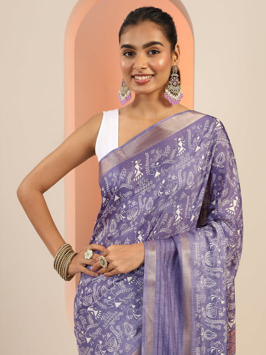 Lavender Printed Silk Blend Saree With Unstitched Blouse Piece