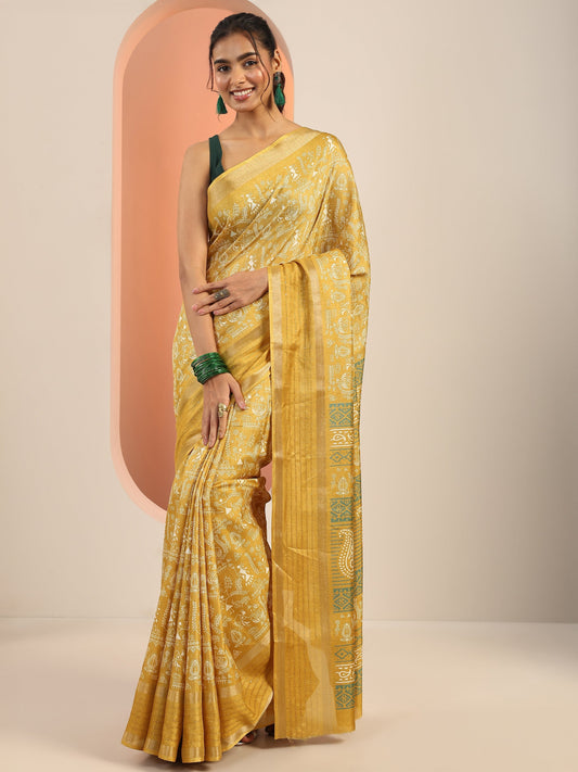 Mustard Printed Silk Blend Saree With Unstitched Blouse Piece