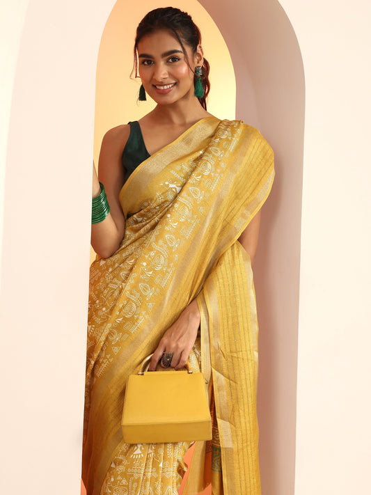 Mustard Printed Silk Blend Saree With Unstitched Blouse Piece