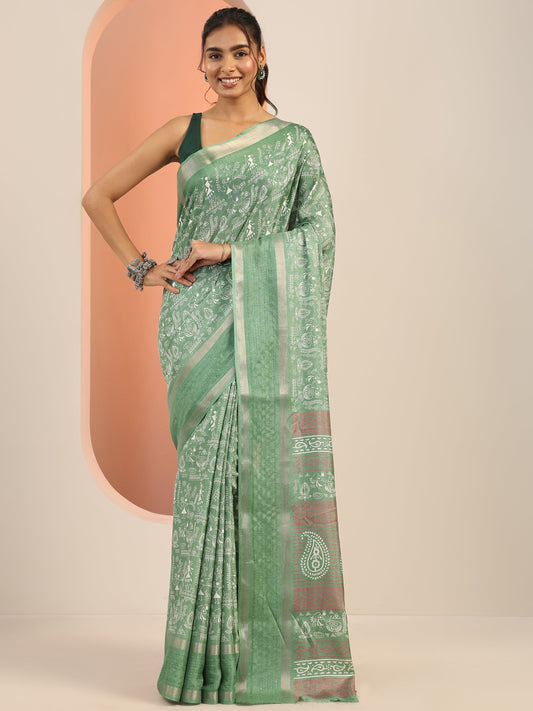 Green Printed Silk Blend Saree With Unstitched Blouse Piece
