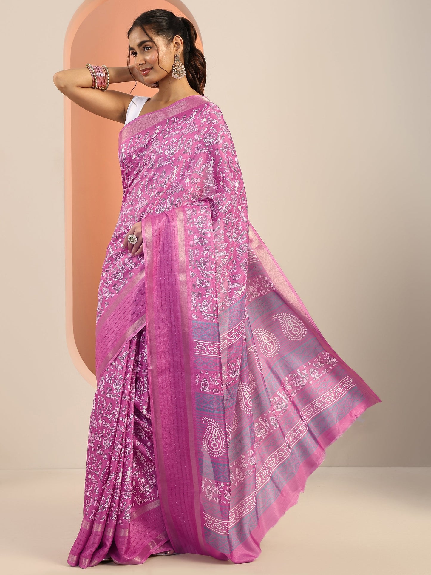 Pink Printed Silk Blend Saree With Unstitched Blouse Piece