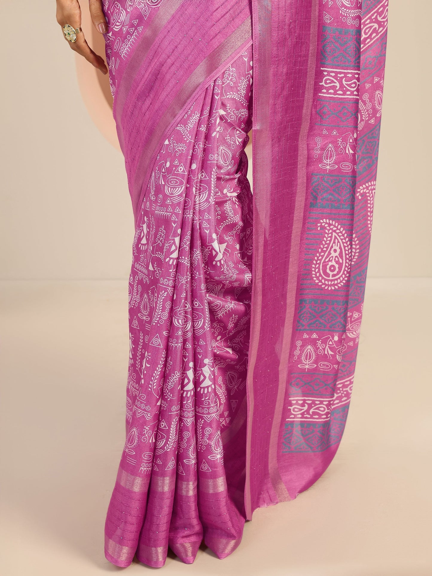 Pink Printed Silk Blend Saree With Unstitched Blouse Piece