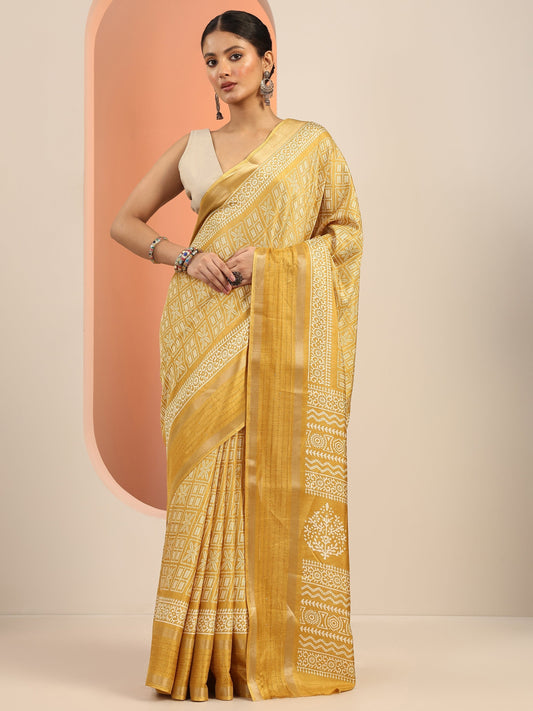 Mustard Printed Silk Blend Saree With Unstitched Blouse Piece