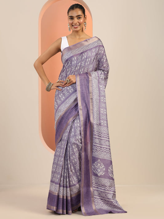 Lavender Printed Silk Blend Saree With Unstitched Blouse Piece