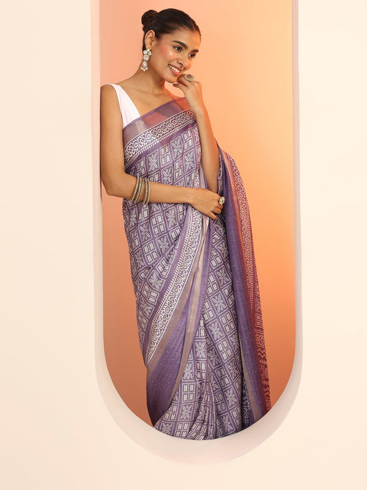 Lavender Printed Silk Blend Saree With Unstitched Blouse Piece