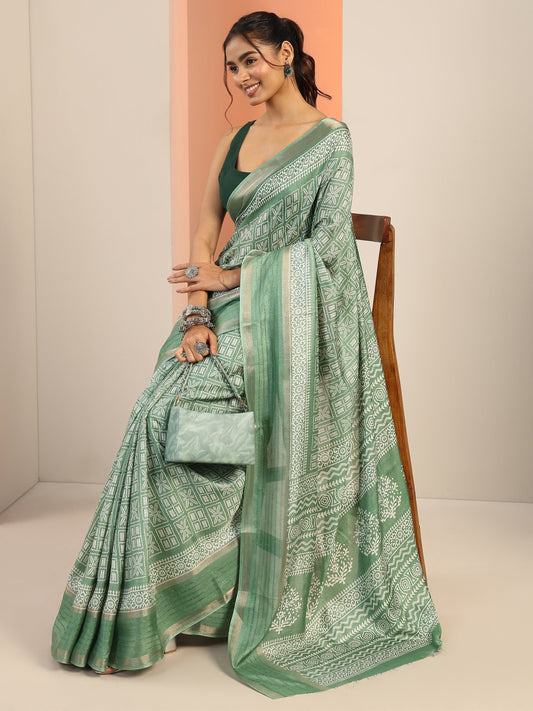 Green Printed Silk Blend Saree With Unstitched Blouse Piece