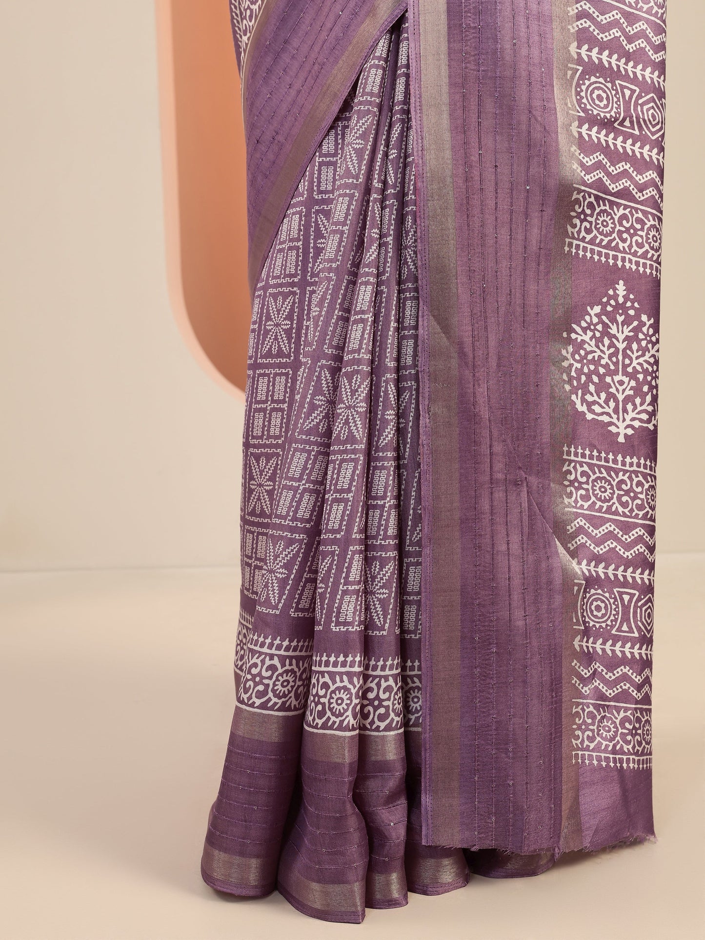 Mauve Printed Silk Blend Saree With Unstitched Blouse Piece