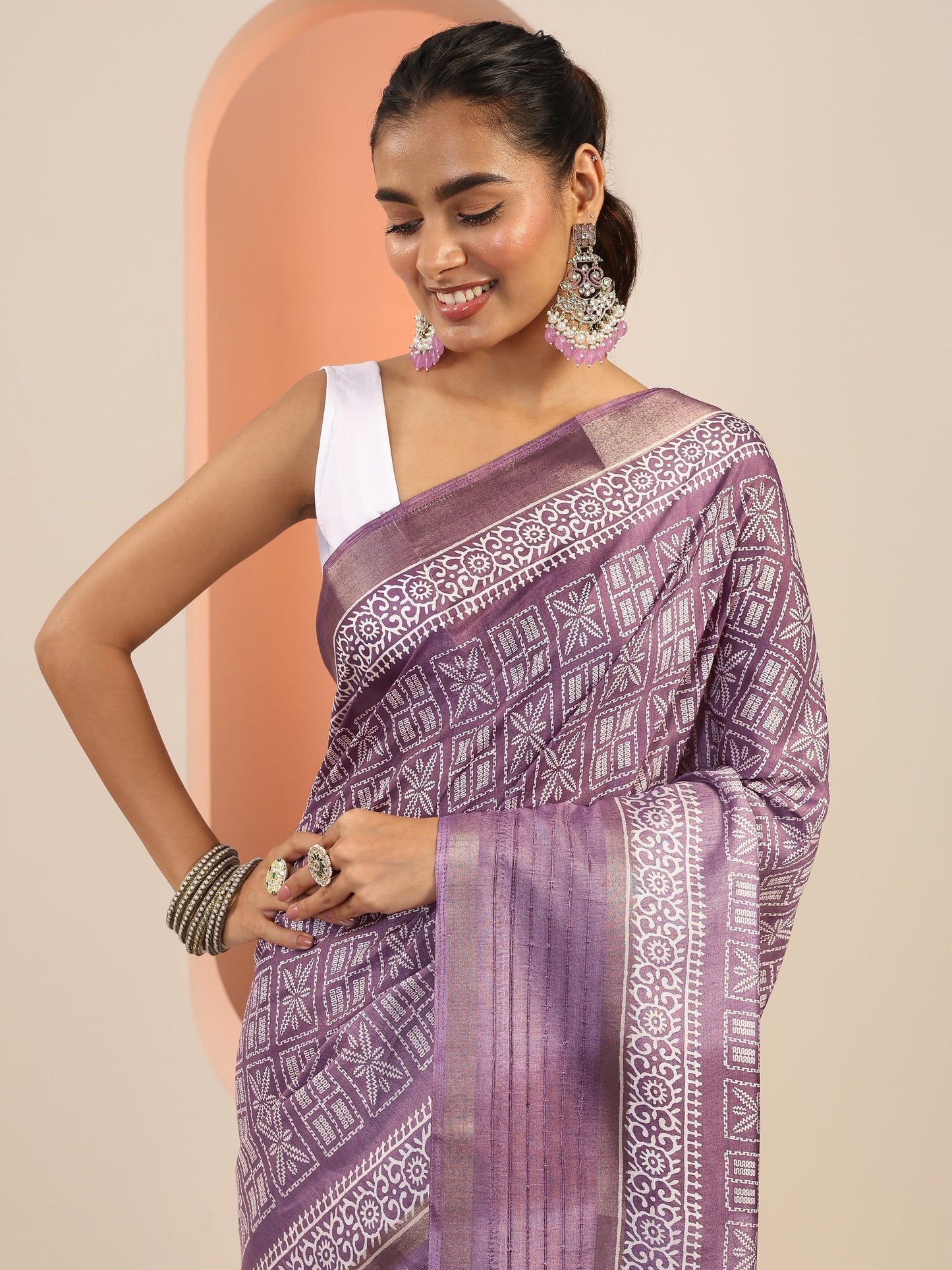 Mauve Printed Silk Blend Saree With Unstitched Blouse Piece