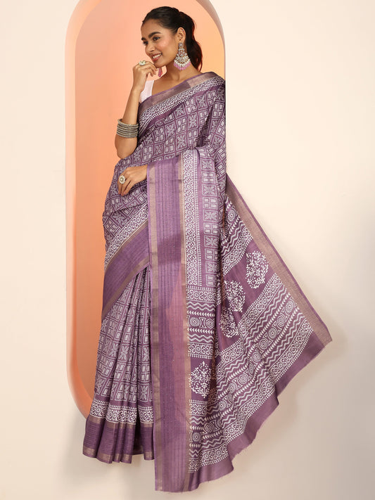 Mauve Printed Silk Blend Saree With Unstitched Blouse Piece